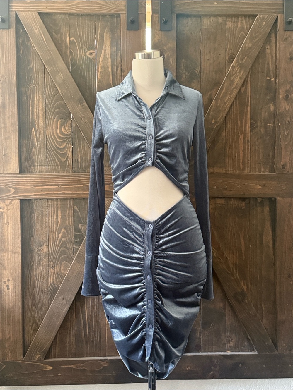 Lacausa Velvet Ruched Cutout Waist Mini Dress Slate Blue